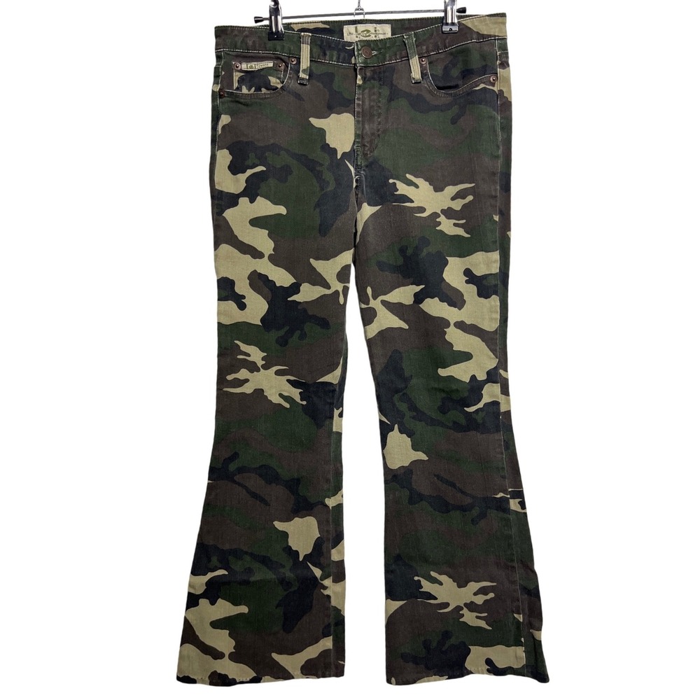 L.E.I. Women Camouflage Flare Leg Jeans Green Brown Camo Mid Rise 9 Retro Grunge